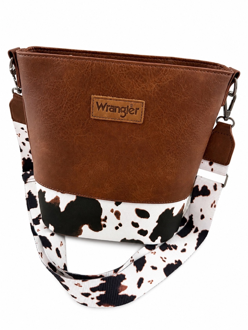 Wrangler Brown Faux-Leather Crossbody with Black & White Cow-Print Strap